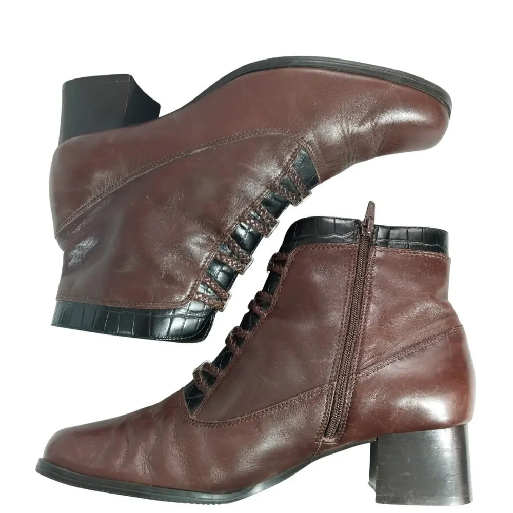 LONDON FOG! ESPRESSO BROWN GENUINE LEATHER, BLACK CROCO TRIM ANKLE BOOTS! 8.5W